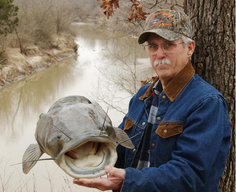 Noodlers Anonymous President Howard Ramsey holds the mounted head of a catfish that he caught with his bare hands in Paris, MO. (AP)