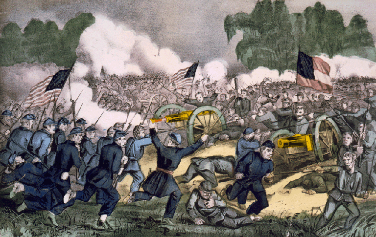The battle of Gettysburg, Pa. July 3d. 1863, depicting the Battle of Gettysburg, fought July 1—3, 1863. The battle was part of the American Civil War and was won by the North. Hand-colored lithograph by Currier and Ives.