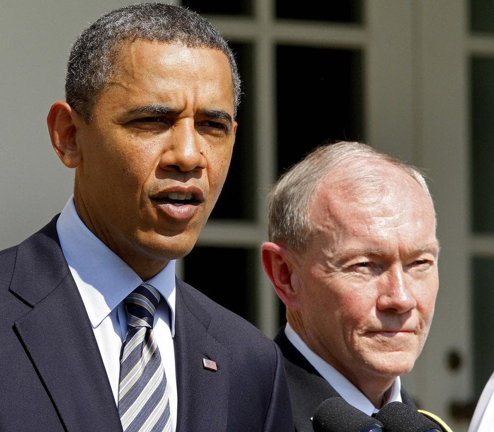 President Barack Obama announces his nominee for the next Chairman of the Joint Chiefs of Staff Army Gen. Martin Dempsey, right, in the Rose Garden of the White House in Washington. (AP)