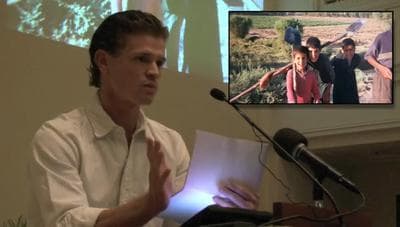 Ross Caputi is an Iraq war veteran from Fitchburg who is outspoken in the anti-war movement. In this video still, he speaks at a fundraiser for Justice for Fallujah, an organization he founded. (YouTube)