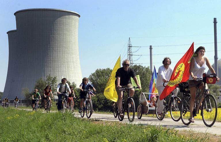 People ride their bikes and hold flags reading &quot;Nuclear power? No thanks&quot; during a demonstration at the nuclear power plant of Biblis in Germany, April 25. (AP)