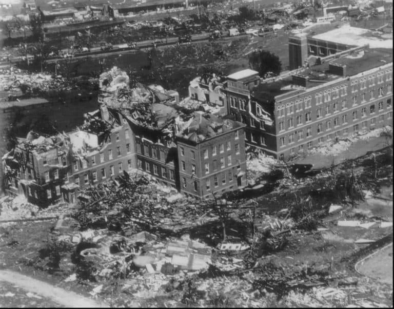 This photo from June 10, 1953 shows an aerial view of the tornado ravaged Assumption College campus in Worcester, Mass., where three of the 94 people killed in a rare tornado lost their lives. (AP)