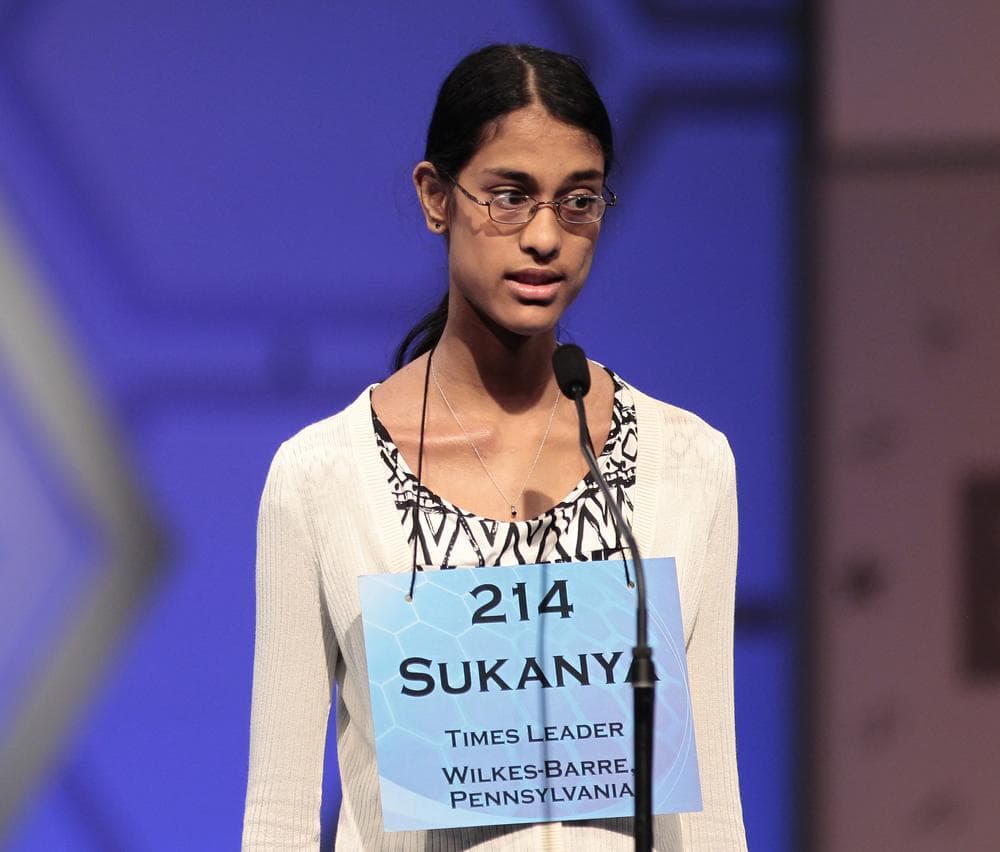 Winner Sukanya Roy, 14, of Wilkes-Barre, Pa., during the finals of the 2011 Scripps National Spelling Bee in Oxon Hills, Md., Thursday. (AP)