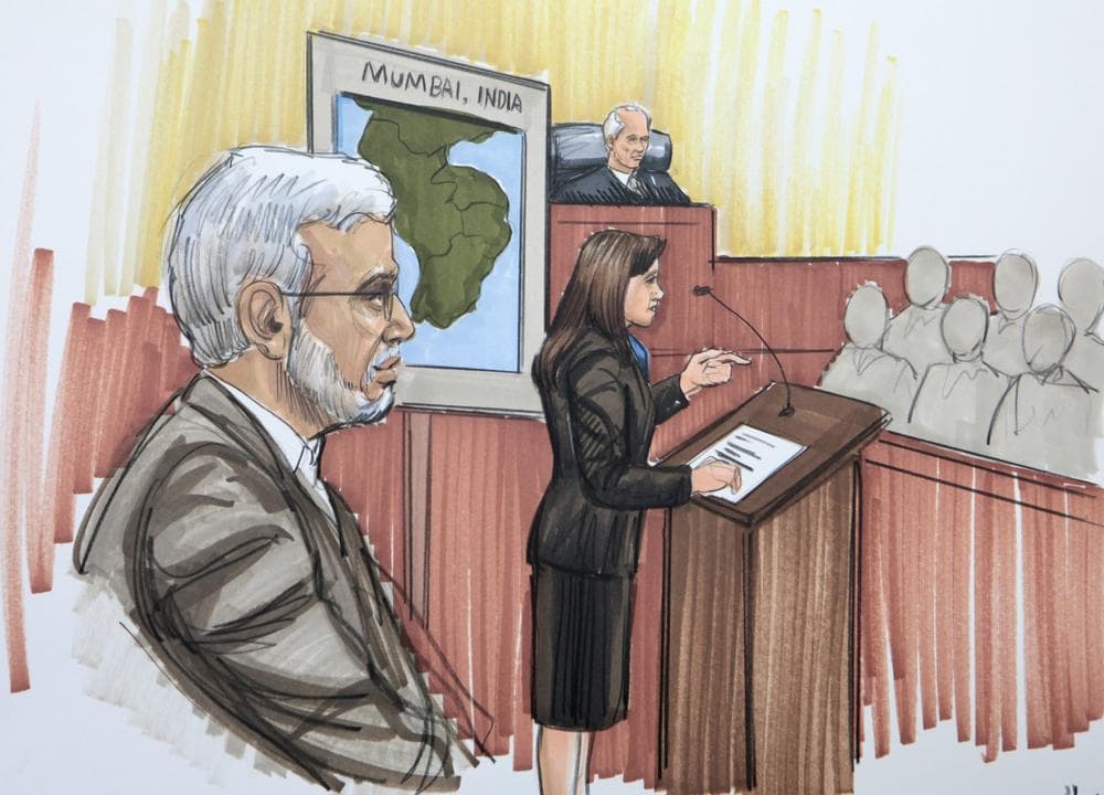 In this courtroom sketch, Chicago businessman Tahawwur Rana is shown in federal court as the prosecutor makes an opening argument Monday. (AP)