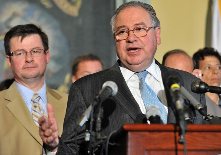 House Speaker Robert DeLeo speaks to reporters on July 30, 2010, after legislators approved the licensing of three casinos and two slot parlors in Massachusetts. Gov. Deval Patrick differed on the slots provision, and the legislation subsequently languished. (AP)