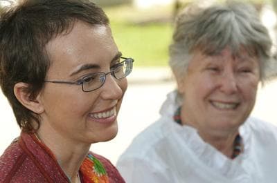 Ariz. Rep. Gabrielle Giffords, left, smiles at TIRR Memorial Hermann Hospital on May 17. (AP/P.K. Weiss, southwestphotobank.com)