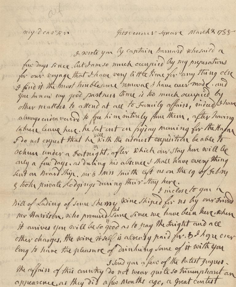 The first page of Abigail Adams' letter (Courtesy MHS)