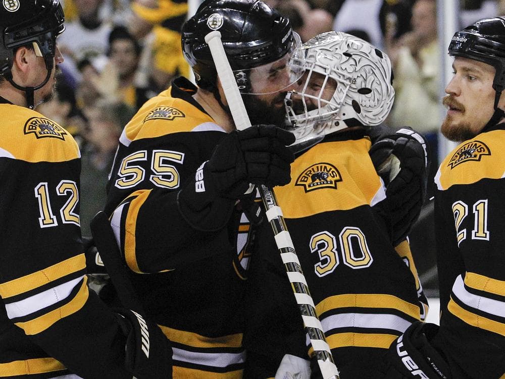 The B&#039;s celebrate after the Bruins beat the Vancouver Canucks 5-2 in Game 6 of the Stanley Cup Finals on Monday in Boston. (AP)