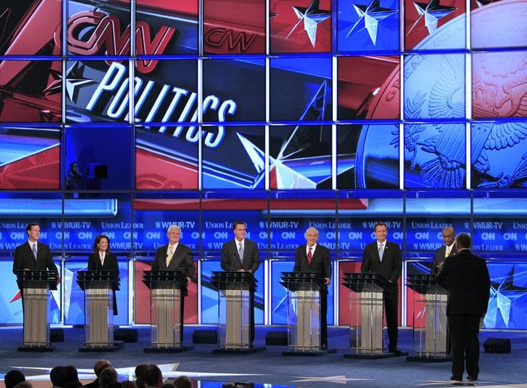 The GOP candidates are seen on stage during the first New Hampshire Republican presidential debate at St. Anselm College in Manchester, N.H., Monday, June 13, 2011. (AP)