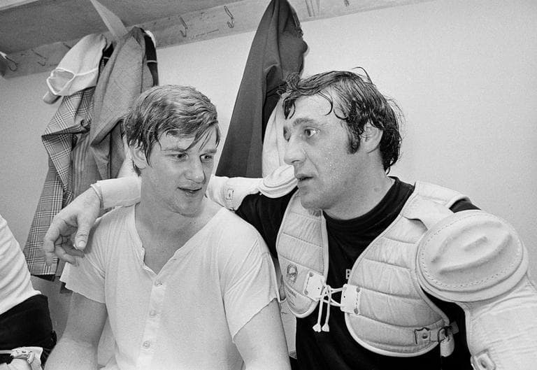 Bruins Bobby Orr, left, and Phil Esposito in March 1971 (AP)
