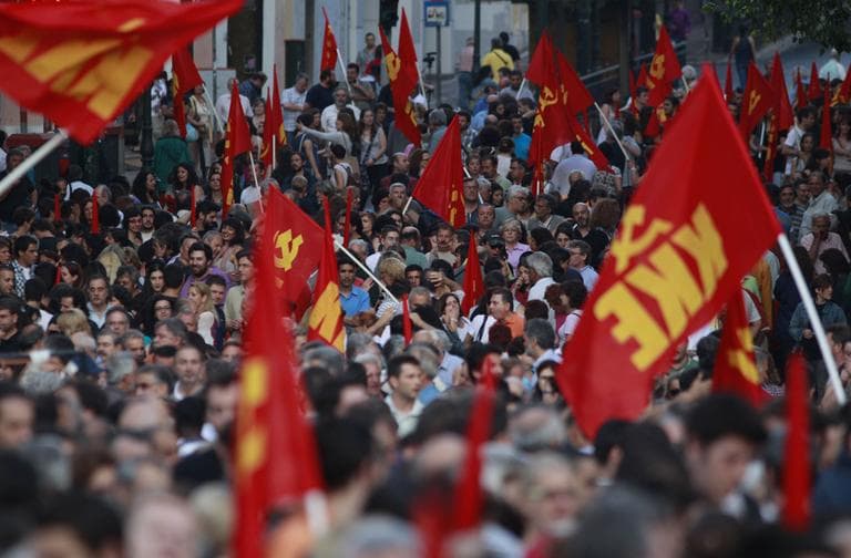 Members of the Greek Communist Party (KKE), gather for a rally against the government's austerity measures in central Athens, Thursday, June 16, 2011.