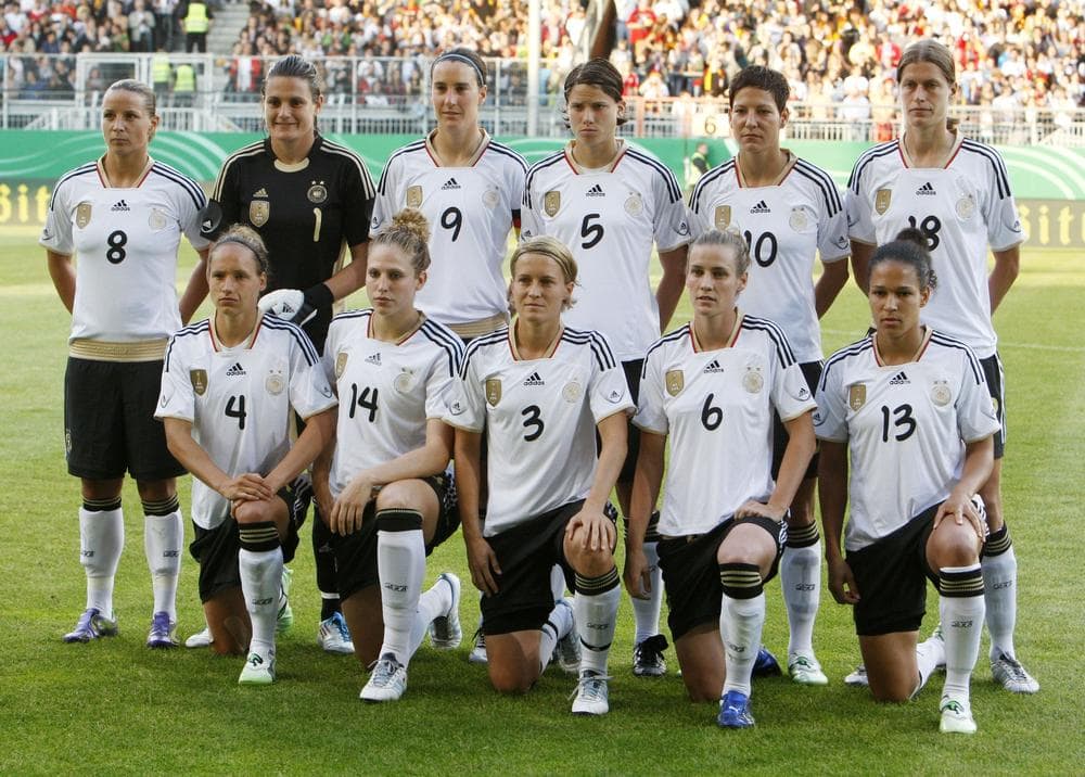 The current champion German soccer team poses prior to a women's test match between Germany and Norway in Germany.  The women's team hopes to retain their championship status as they host the Women's World Cup Tournament. (AP) 