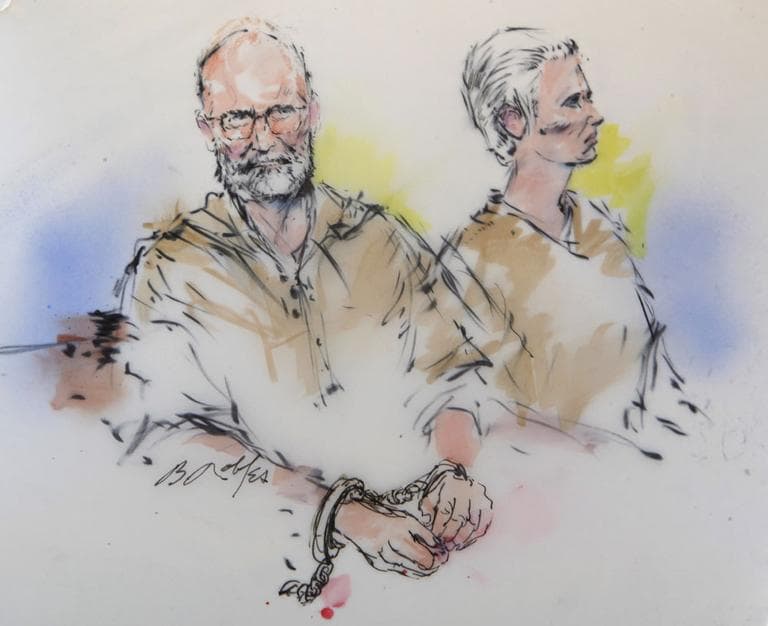 n this courtroom sketch, James 'Whitey' Bulger, left, and his girlfriend, Catherine Greig, are shown during their arraignment in a federal courtroom in Los Angeles, Thursday. (AP)
