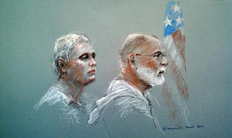 Courtroom sketch of James &quot;Whitey&quot; Bulger, right, and his attorney, Peter Krupp, on Friday in U.S. District Court in Boston (Margaret Small for WBUR)