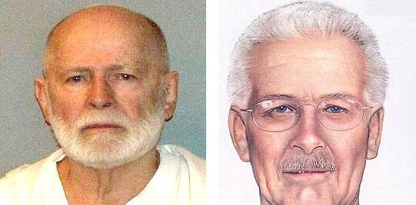 James &quot;Whitey&quot; Bulger's booking photo obtained by WBUR, left, with an age enhanced image from an FBI wanted poster (Composite Jeremy Bernfeld for WBUR)