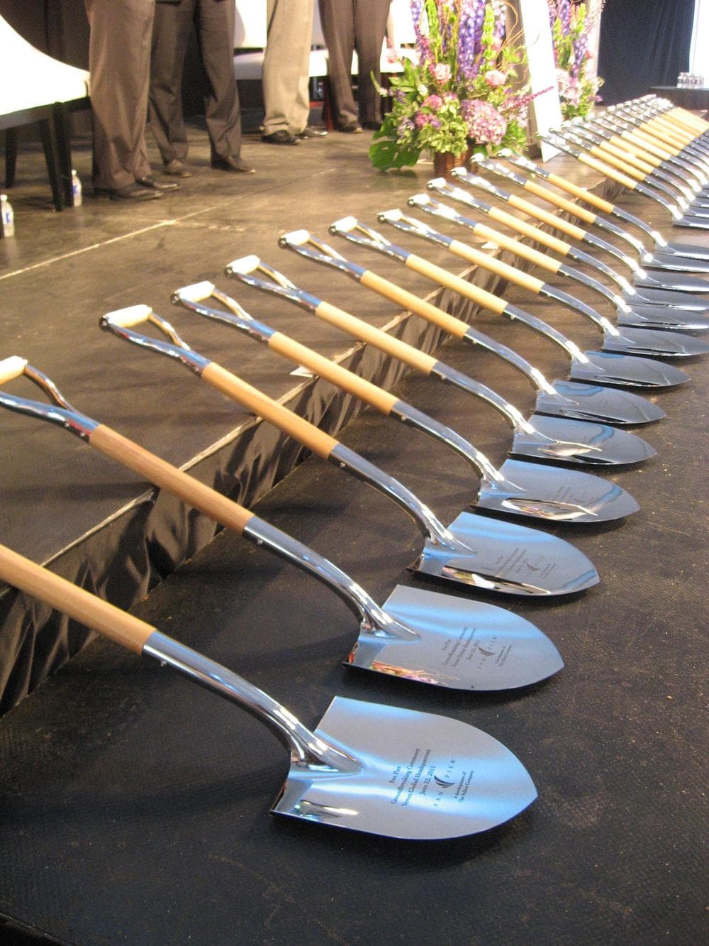 Shovels at the ready at the Fan Pier groundbreaking (Curt Nickisch/WBUR)