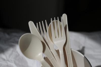 COMPOSTABLE. NOT RECYCLABLE. These types of utensils are made from plant materials, and should be recycled in industrial composters (they generally don't degrade in your backyard composter). (Jesse Costa/Here & Now)