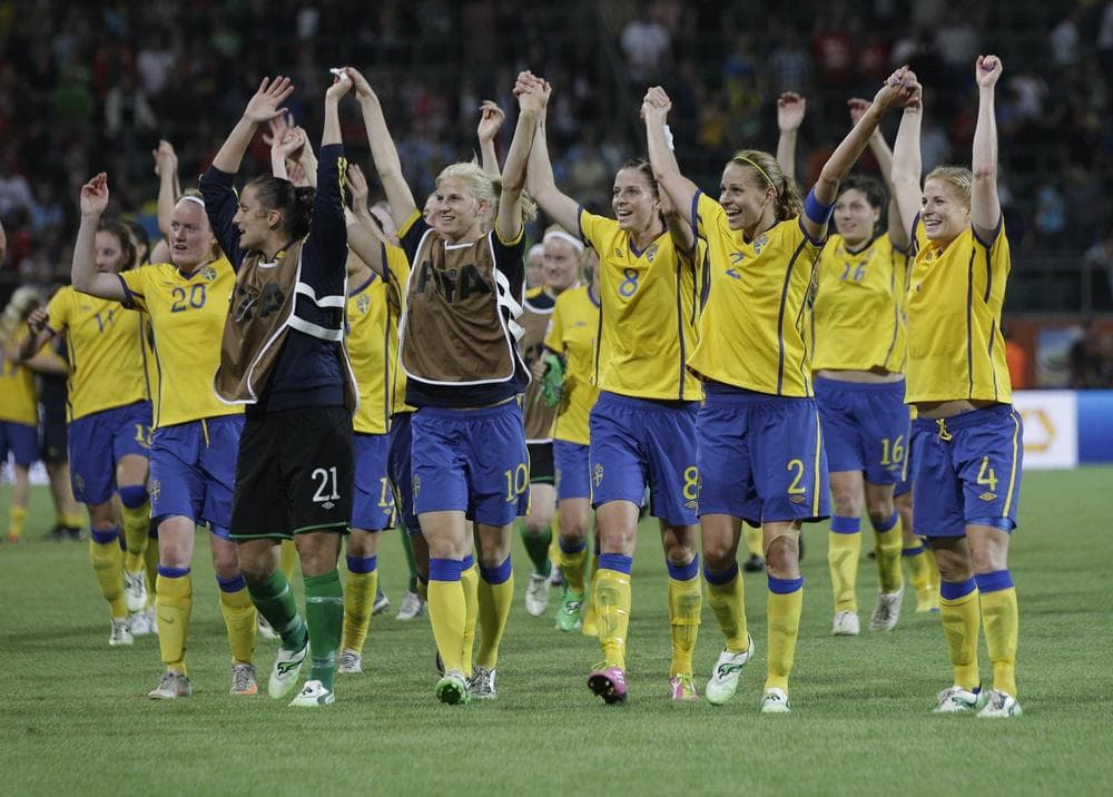 Sweden celebrates a win over the United States during a match between Sweden and the United States at the Women’s World Cup in Germany, Wednesday. (AP)