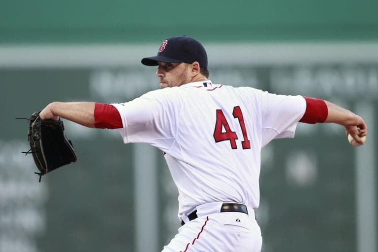 Boston Red Sox's John Lackey pitches in the first inning against the Baltimore Orioles in Boston on Saturday. (AP)
