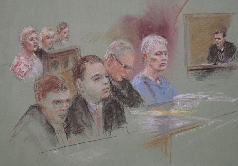 James &quot;Whitey&quot; Bulger&#039;s girlfriend, Catherine Greig, in blue, and others look on during her bail hearing in federal court Monday. Greig&#039;s twin sister, Margaret McCusker, is back left. (AP)