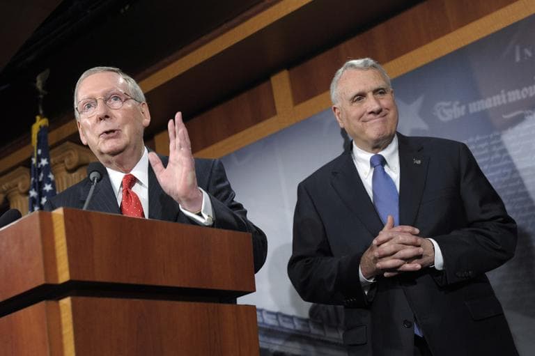 Senate Minority Leader Mitch McConnell, accompanied by Senate Minority Whip Jon Kyl, talk about the debt negotiations during a news conference Tuesday. (AP)