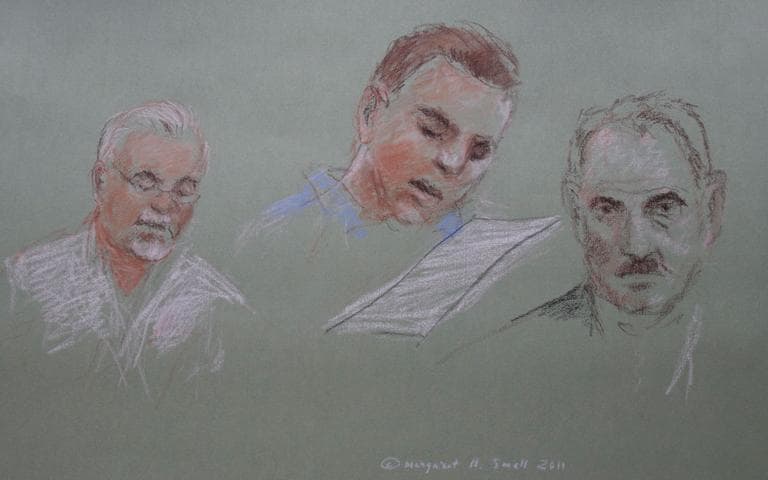 Victims&#039; relatives, from left, Stephen Davis, Tom Donahue and Chris McIntyre read statements during Catherine Greig&#039;s bail hearing Wednesday in Boston court. (Margaret Small for WBUR)