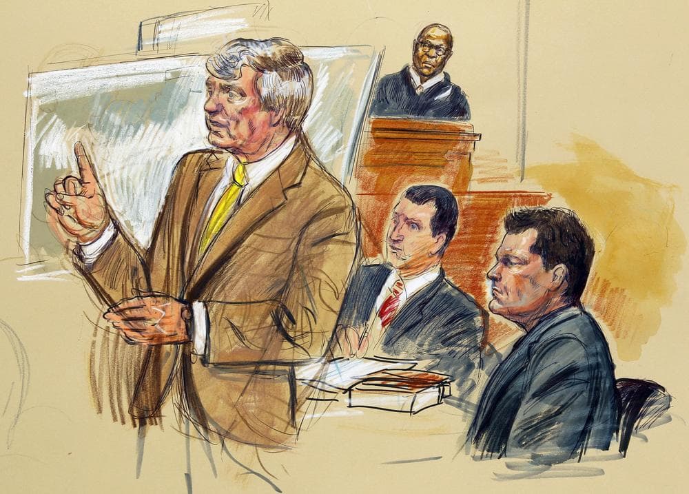 This artist rendering shows former Major League Baseball pitcher Roger Clemens, right, with his attorneys, Rusty Hardin, left, and Michael Attanasio, seated center, and Judge Reggie Walton, top center, in federal court in Washington, Wednesday. (AP)