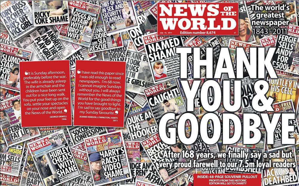 In this photo released Saturday July 9, 2011, by News International, showing the front cover of the final edition of Britain's Sunday tabloid newspaper. (AP)