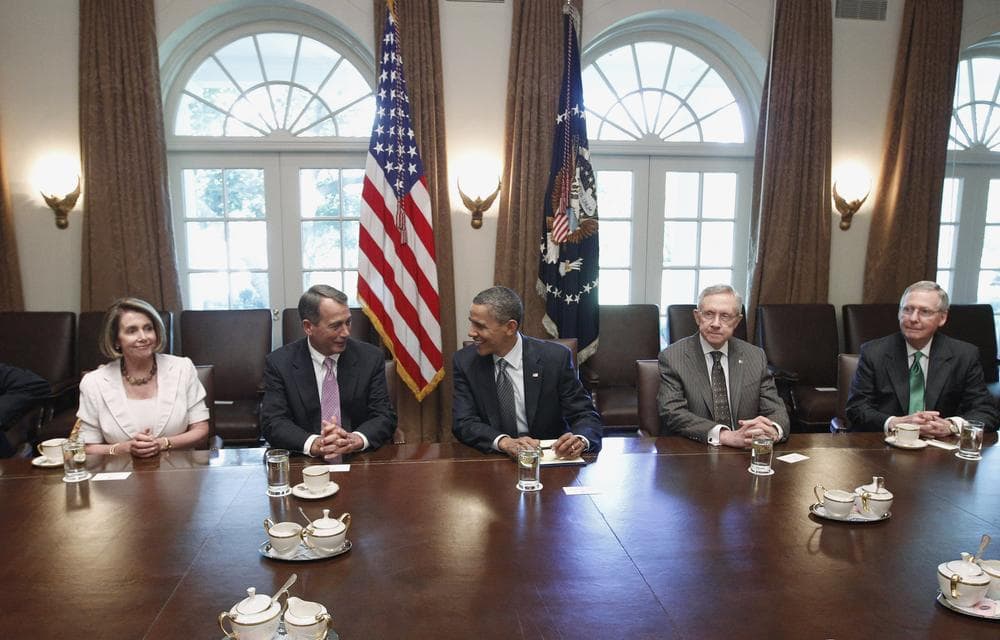 President Barack Obama, and legislative leaders during a debt ceiling meeting. (AP)