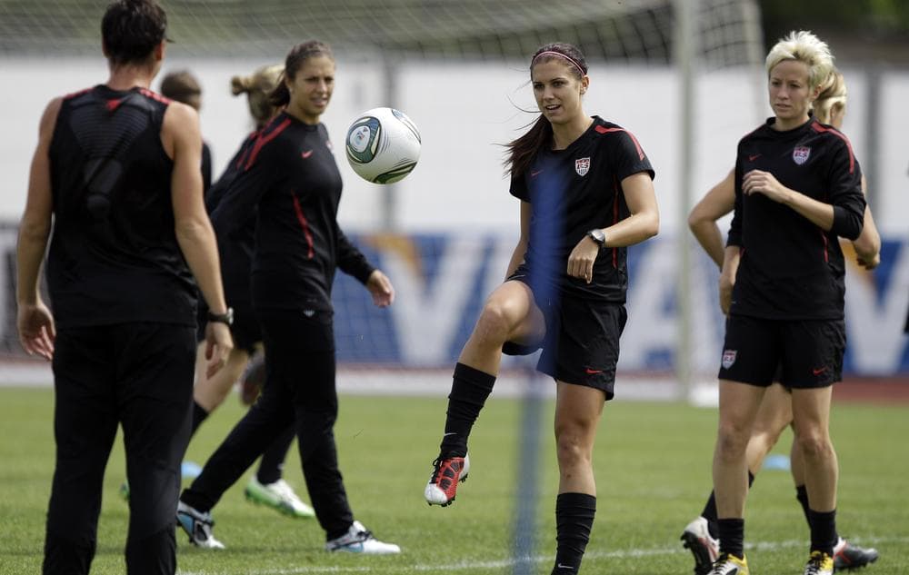 United States', from left, Abby Wambach, Carli Lloyd, Alex Morgan and Megan Rapinoe go through drills during a training session in preparation for the final match against Japan during the Women's Soccer World Cup in Frankfurt, Germany. (AP)