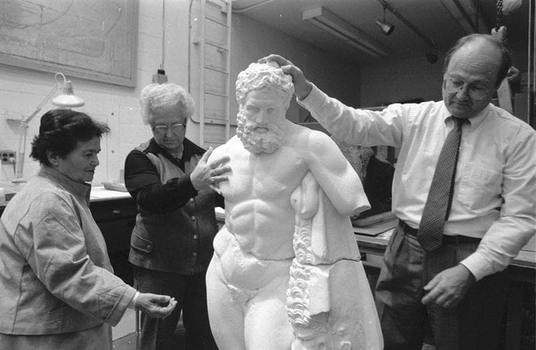 Researchers fit together plaster casts of the two halves of the &quot;Weary Herakles&quot; statue as part of the exchange between Turkey and the Museum of Fine Art to make the statue whole. (Courtesy of Museum of Fine Arts) 
