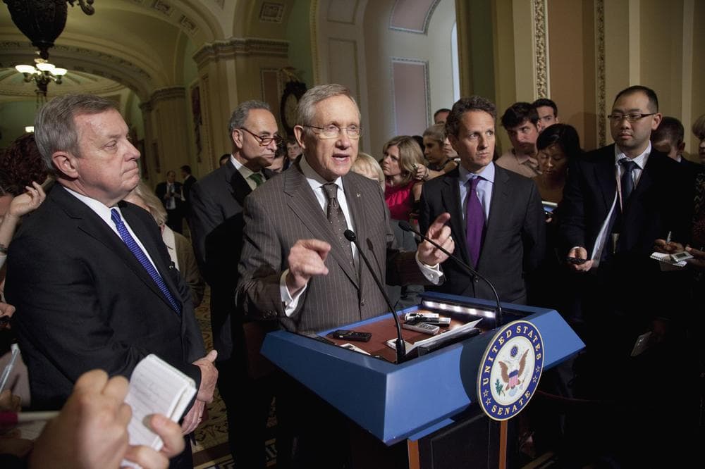 Senate Majority Leader Sen. Harry Reid speaks on Capitol Hill after a meeting on the debt limit. (AP)