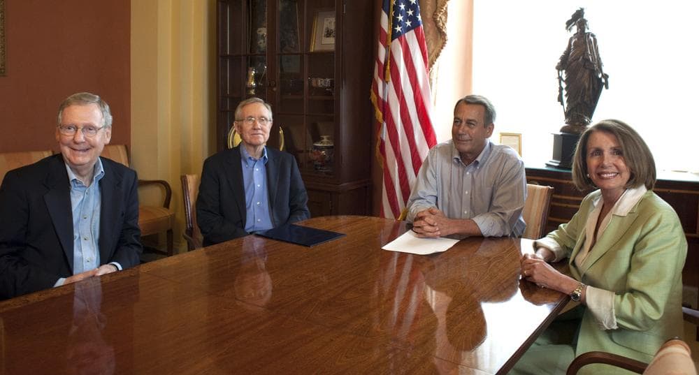 From left, Senate Minority Leader Mitch McConnell, Senate Majority Leader Harry Reid, House Speaker John Boehner and House Democratic Leader Nancy Pelosi are seen in Boehner&#39;s office on Saturday.(AP)