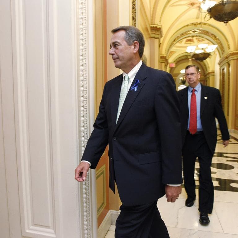 As Congressional leaders try to reach an accord to avert a debt-ceiling crisis, House Speaker John Boehner of Ohio, strides from his office to the House Chamber, on Capitol Hill in Washington, Monday, July 25, 2011,  following a morning meeting other GOP leaders.  (AP)