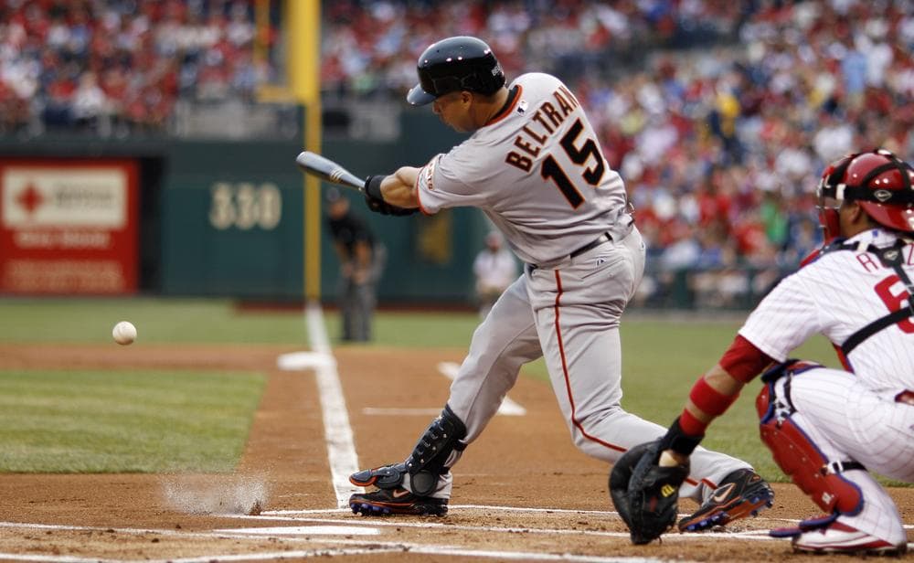 The newest member of the San Francisco Giants Carlos Beltran grounds out against the Phillies, Thursday. (AP)