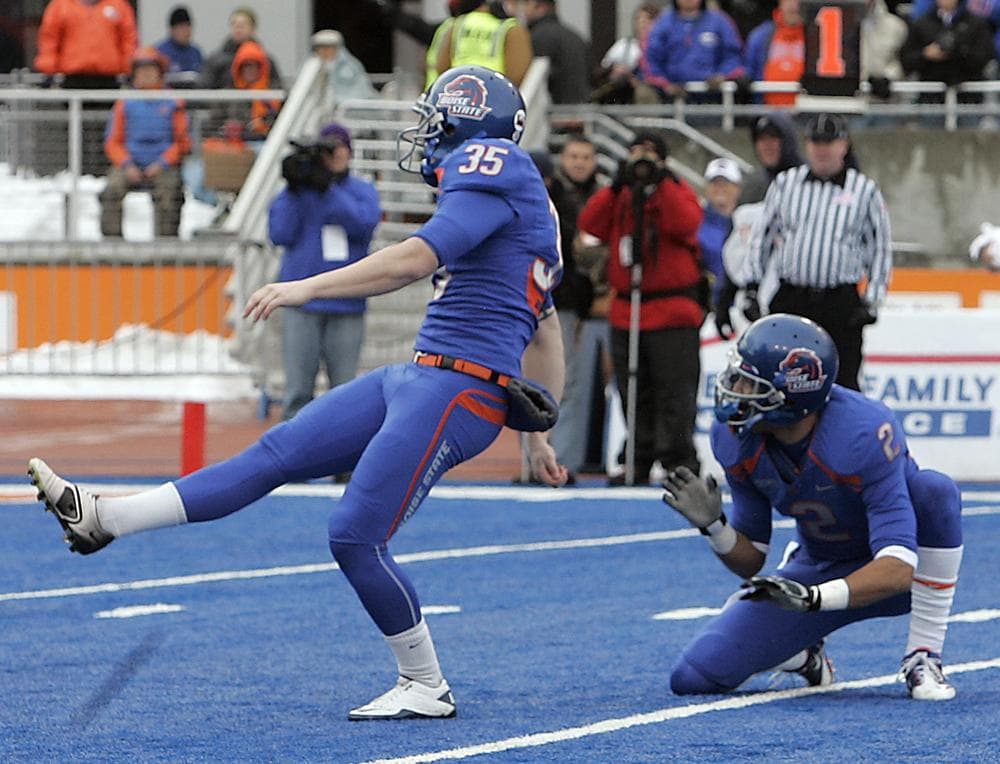 Boise State's Kyle Brotzman makes his first field goal against Utah State on a very blue field. (AP)