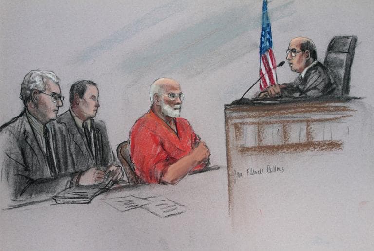 James &quot;Whitey&quot; Bulger, center, is depicted in this courtroom sketch by Jane Collins. (Courtesy)