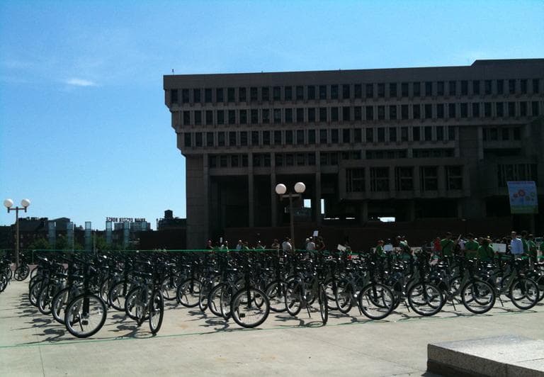 Hundreds of bikes were set-up outside Boston's City Hall before Thursday's Hubway launch. (Kimberly Adams/WBUR)