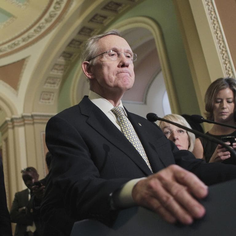 Senate Majority Leader Harry Reid talks to reporters about the Democratic plan to trim the deficit and avert a debilitating default on Capitol Hill in Washington.  (AP)