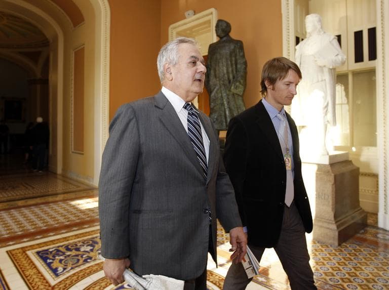 Rep. Barney Frank walks the halls of Capitol Hill with a reporter in April. (AP)