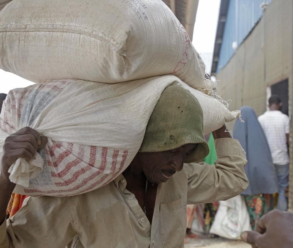 A refugee carries food aid on his back at a food distribution center run by the World Food Programme in the town of  Dadaab, Kenya. (AP)