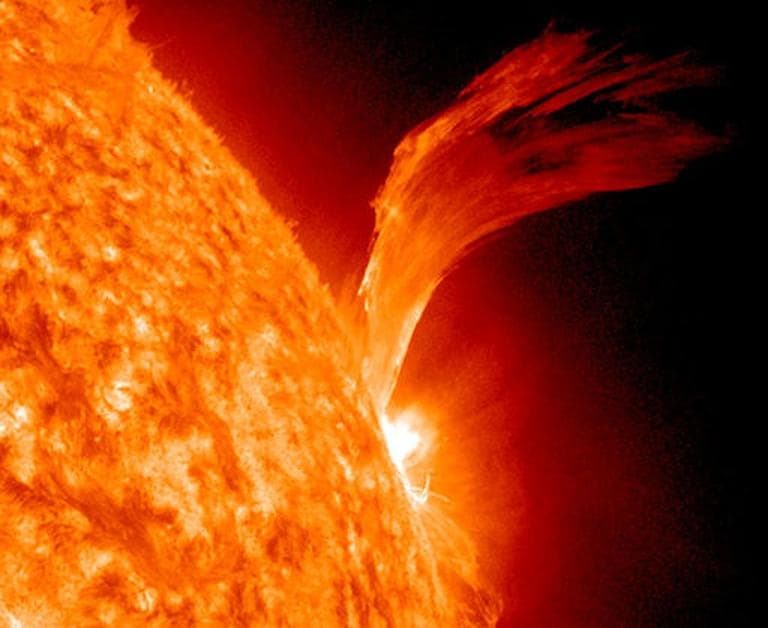 This image provided by NASA shows a solar flare just as sunspot 1105 was turning away from Earth on Sept. 8, 2010 the active region erupted, producing a solar flare and a fantastic prominence. The eruption also hurled a bright coronal mass ejection into space.  (AP)