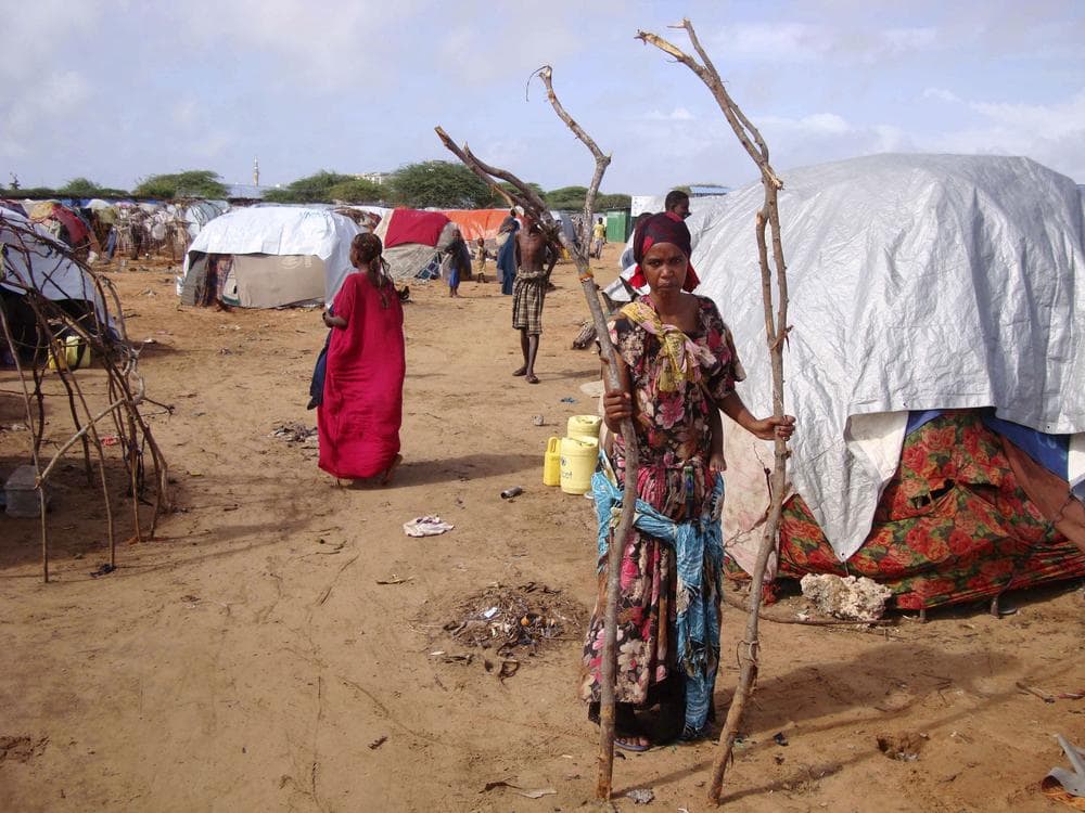 A woman from southern Somalia holds tree branches for her makeshift shelter at a refugee camp in Mogadishu, Somalia. (AP)