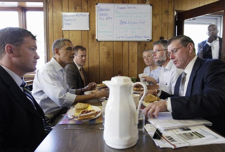President Obama stops for breakfast with small business owners, Tuesday, at Rausch's Cafe in Guttenberg, Iowa, during his three-day economic bus tour. (AP)
