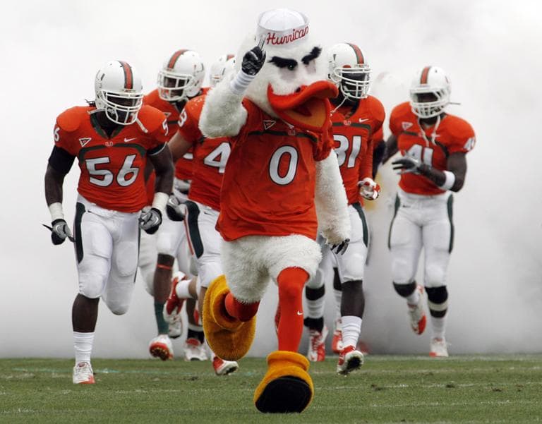 The Miami Hurricanes mascot leads the team onto the field for Miami's spring football game. (AP)