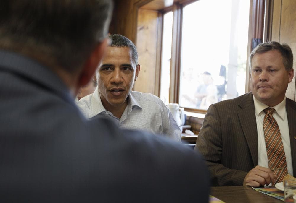 President Barack Obama discusses rural affairs during a breakfast with small business owners on Tuesday at Rausch's Cafe in Guttenberg, Iowa. (AP)