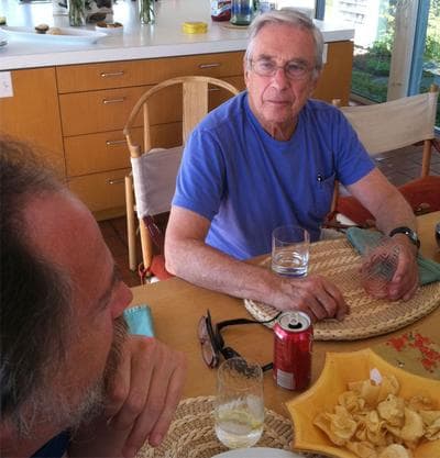 The men meet in Sam's kitchen in his Martha's Vineyard home. (Lisa Tobin/WBUR)