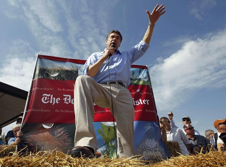 Republican presidential candidate, Texas Gov. Rick Perry speaks at the Iowa State Fair in Des Moines, Iowa, Monday, Aug. 15, 2011. (AP)