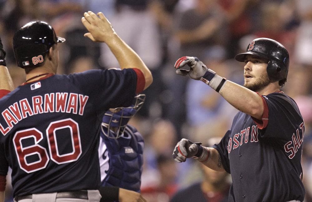 Red Sox&#39;s Jarrod Saltalamacchia, right, celebrates with Ryan Lavarnway after hitting a three-run home run. (AP) 