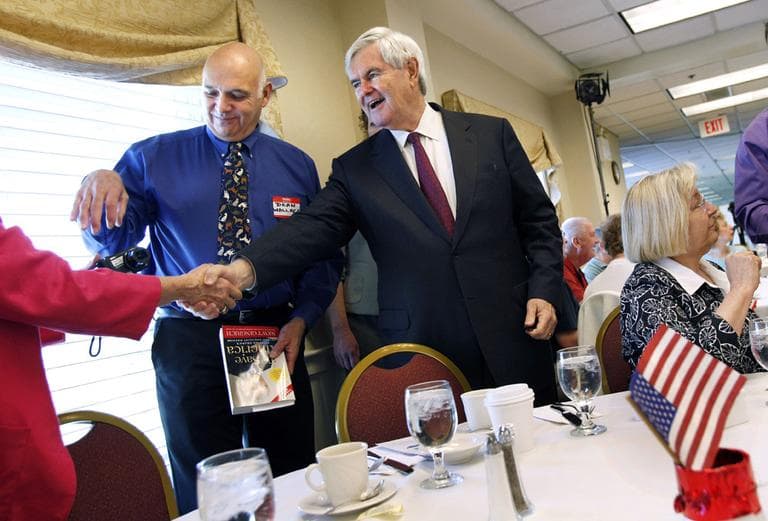 Republican presidential hopeful Newt Gingrich greets voters at the Portsmouth Country Club in Portsmouth, N.H., in May. (AP)